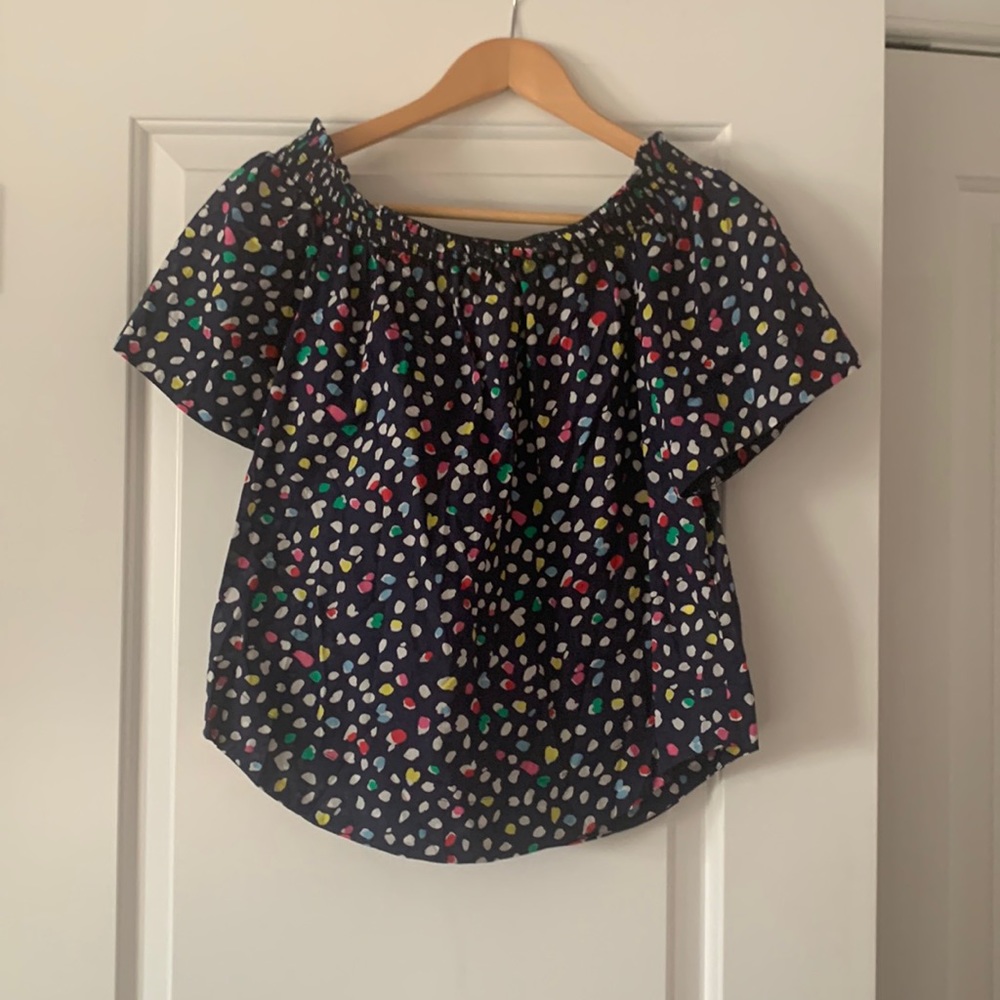 JCrew size 4 off the shoulder top. Multicolor dots, navy blue fabric